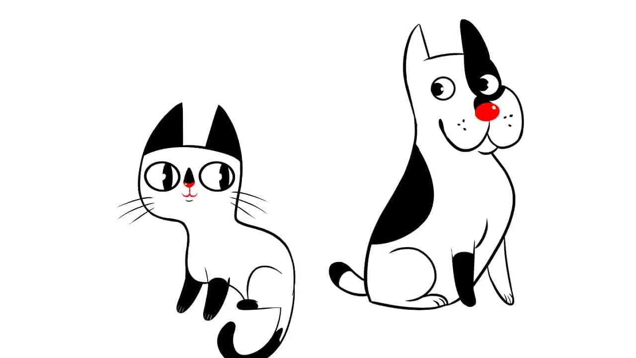 Dessin de style bande-dessinée d'un chat et d'un chien.