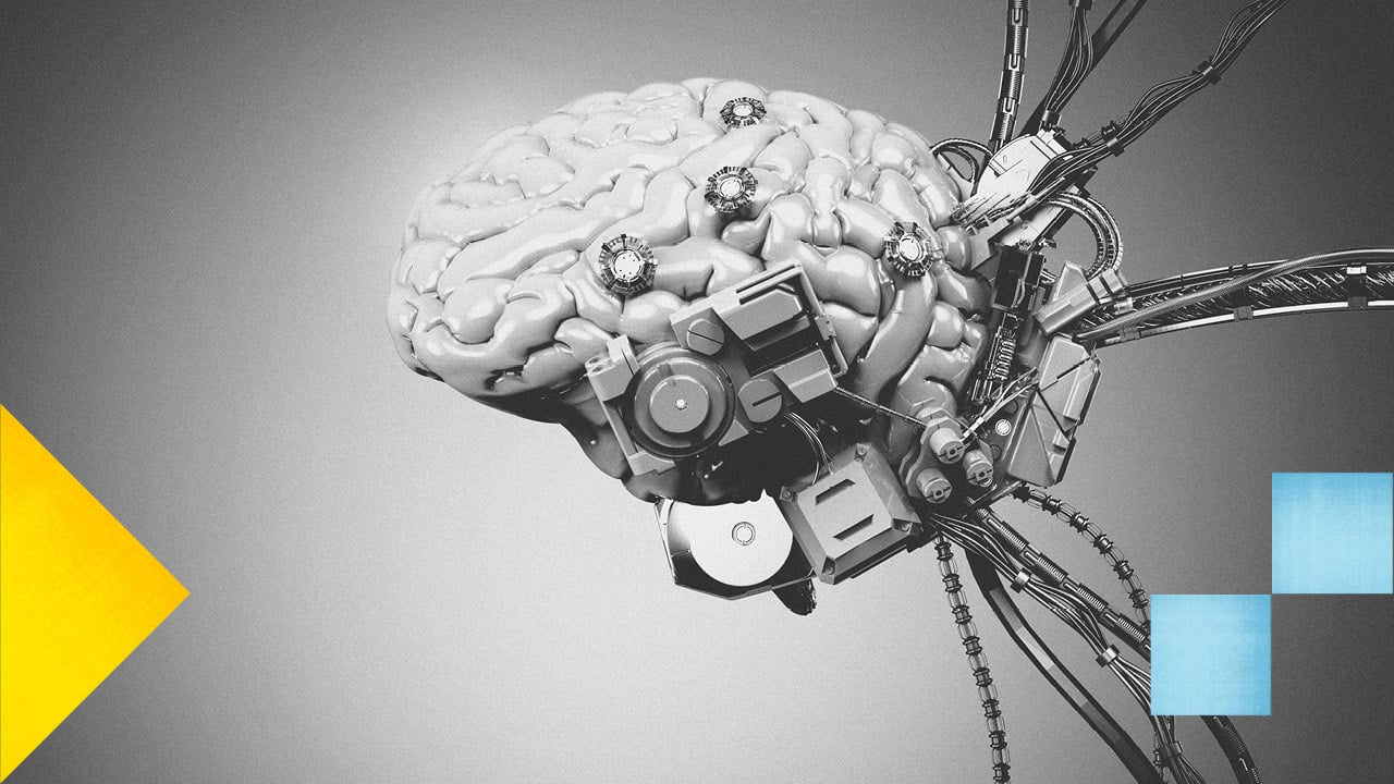 Photo en noir et blanc d'un cerveau relié à des fils et des technologies.
