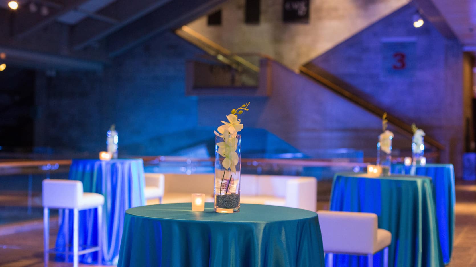 Le Hall du Musée en formule cocktail avec des tables hautes nappées en bleu.