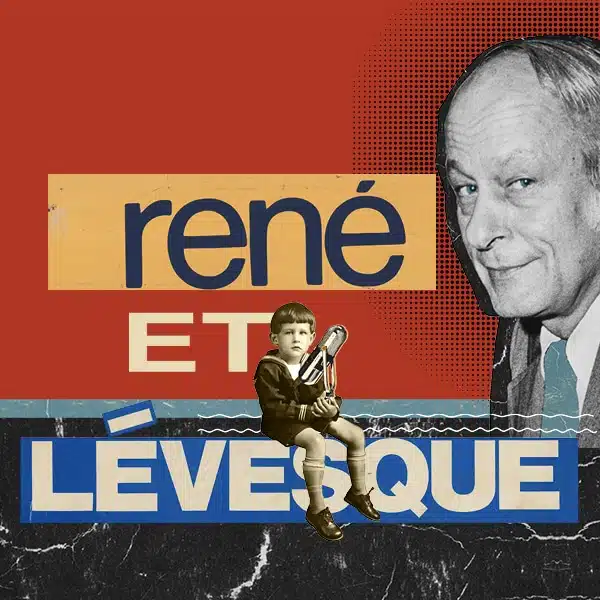 Signature visuelle de l'exposition René et Lévesque qui montre René Lévesque enfant et adulte