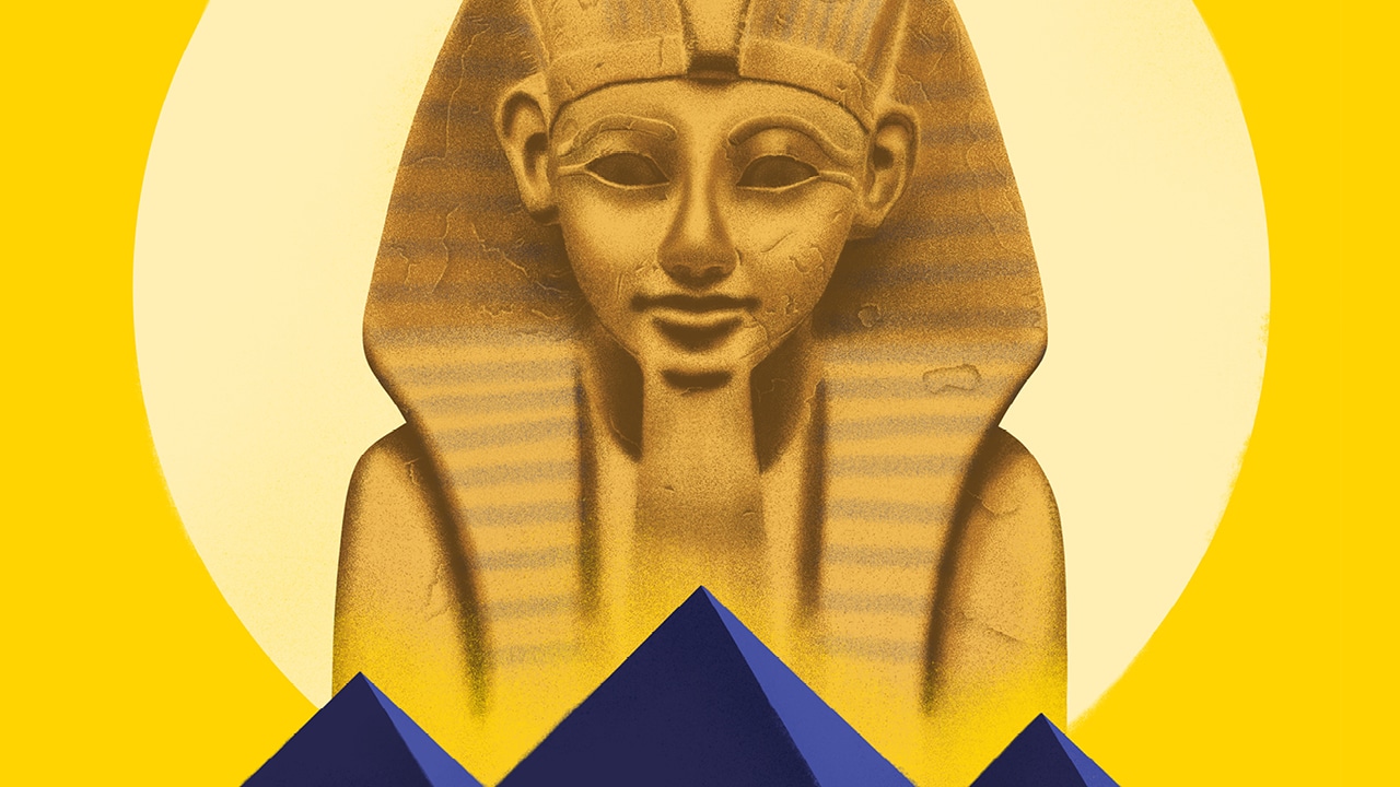 Signature visuelle de l'exposition Le temps des pharaons présentant une femme pharaon.