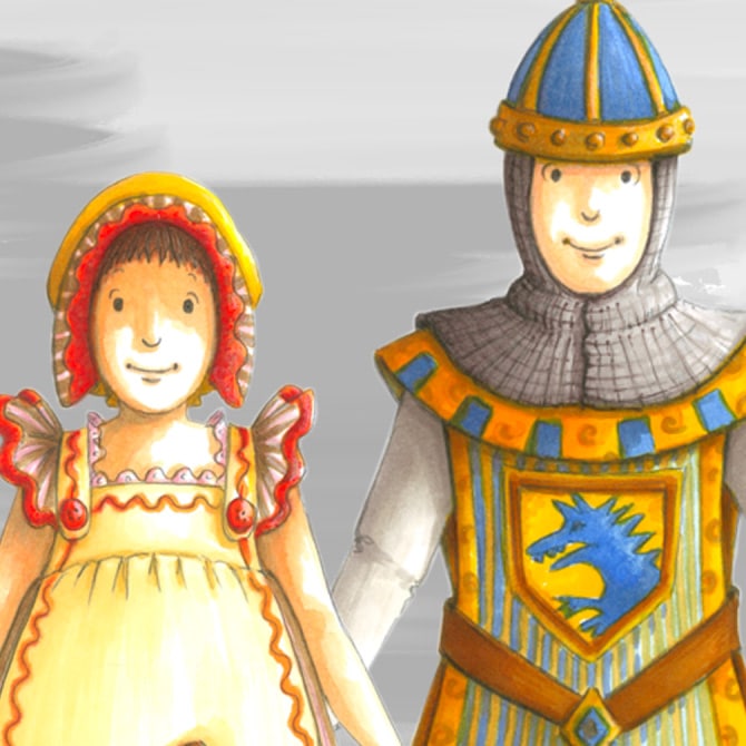 Dessin de personnages de contes pour enfant, on y voit une princesse et un chevalier.