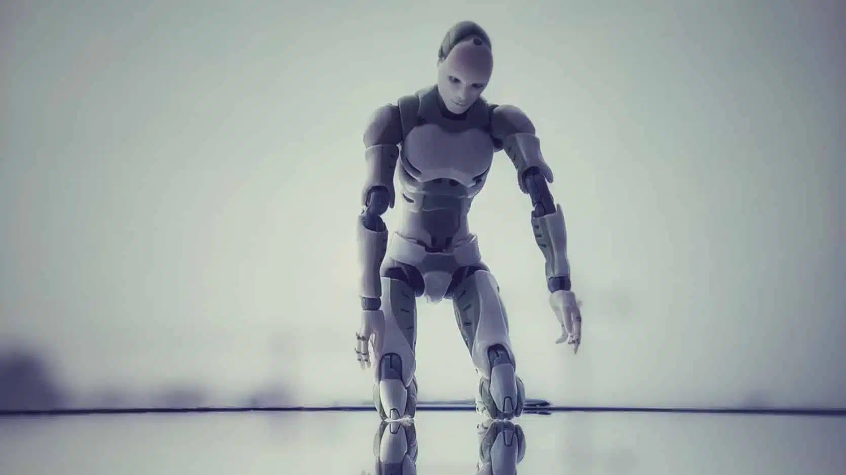 Grand robot blanc qui observe son reflet au sol.