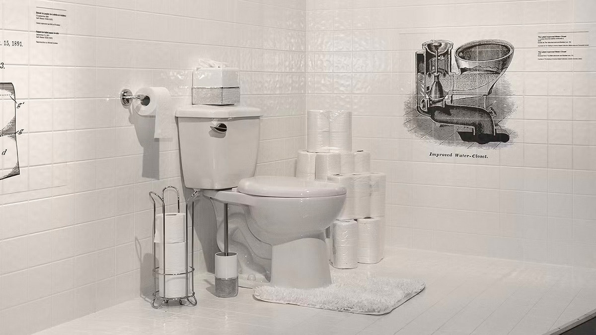 Cuvette blanche dans une salle de bain blanche avec des rouleaux de papier de toilette blanc empilés.