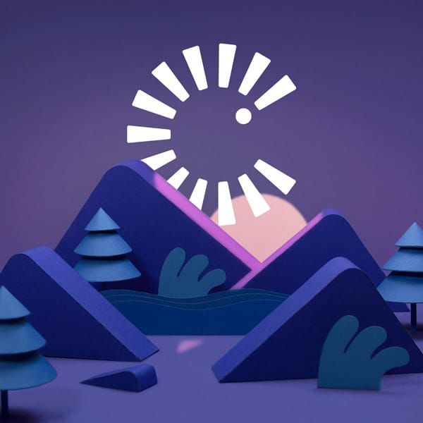 Illustration en trois dimensions de montagnes mauves et sapins verts et d'un soleil en traits blancs prenant la forme du logo des Journées de la culture.