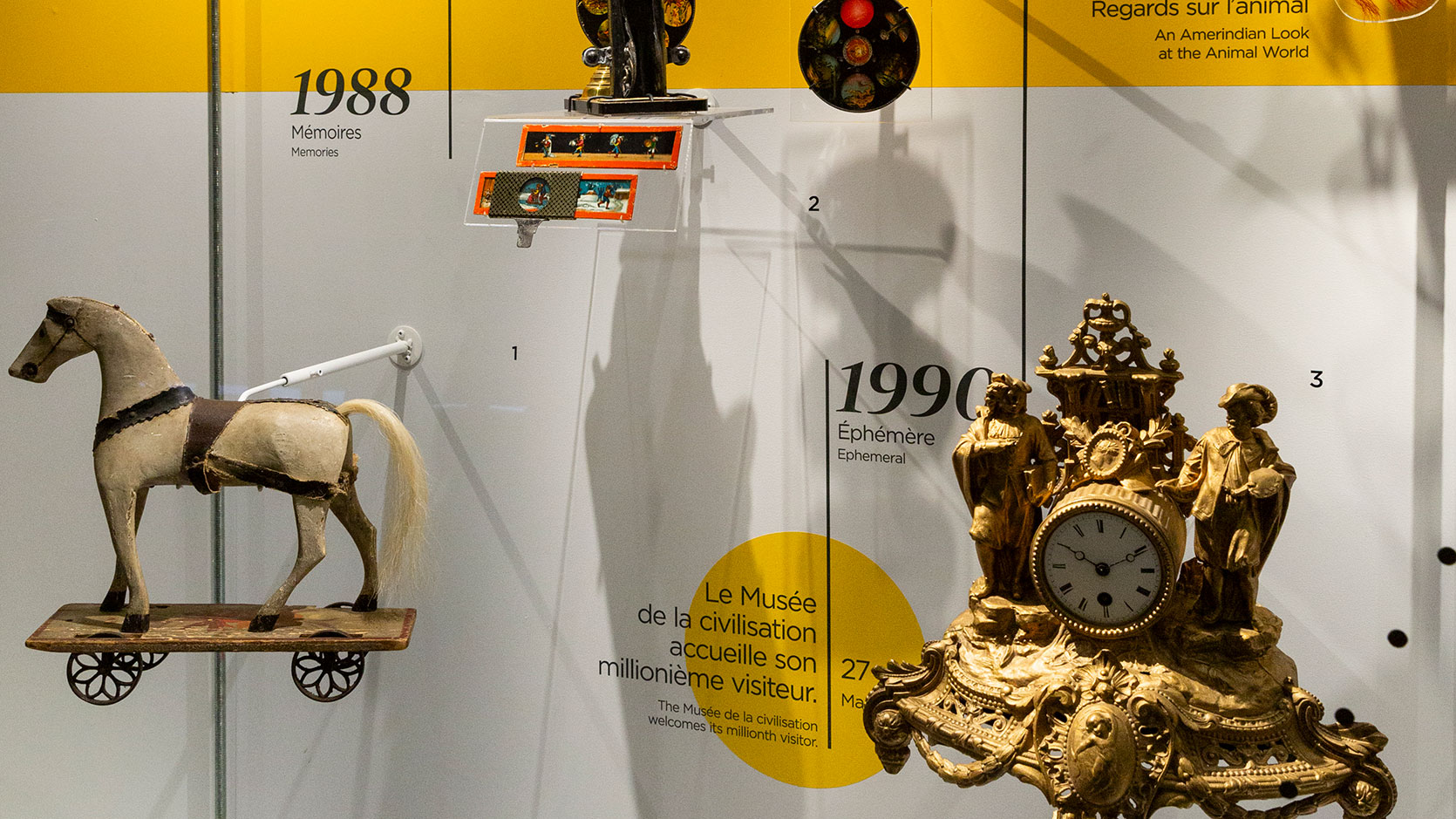 Objets en vitrine alignés sur une ligne du temps représentants les expositions marquantes du Musée. On y voit un cheval de bois jouet, une horloge de table sculpté et d'autres parties d'objets.