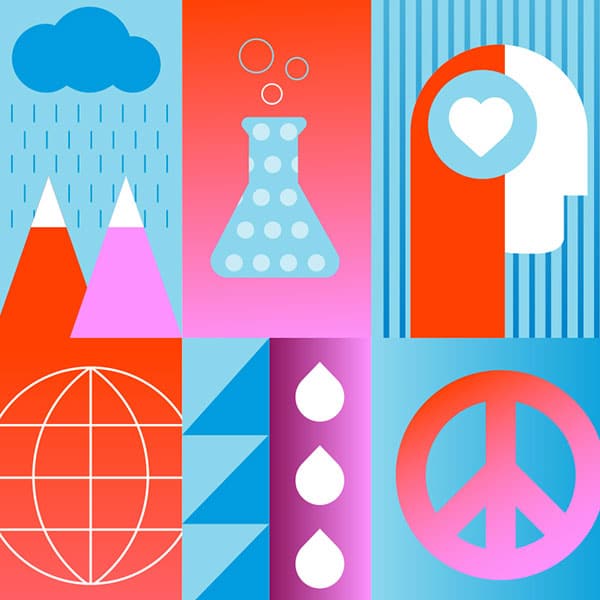 6 pictogrammes différents illustrant : la température, la science, la paix, les saisons, le monde, le coeur dans la tête