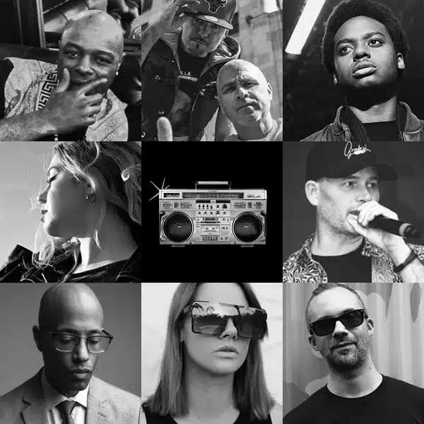 Mosaïque de photos en noir et blanc d'artistes et d'une radio. Les artistes sont SP, Taktika, Racoon, Erika Zarya, Manu Militari, Webster, DJ Sin Less et DJ Nerve