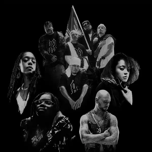 Montage photo en noir et blanc de plusieurs artisans et artisanes de la scène hip-hop au Québec.