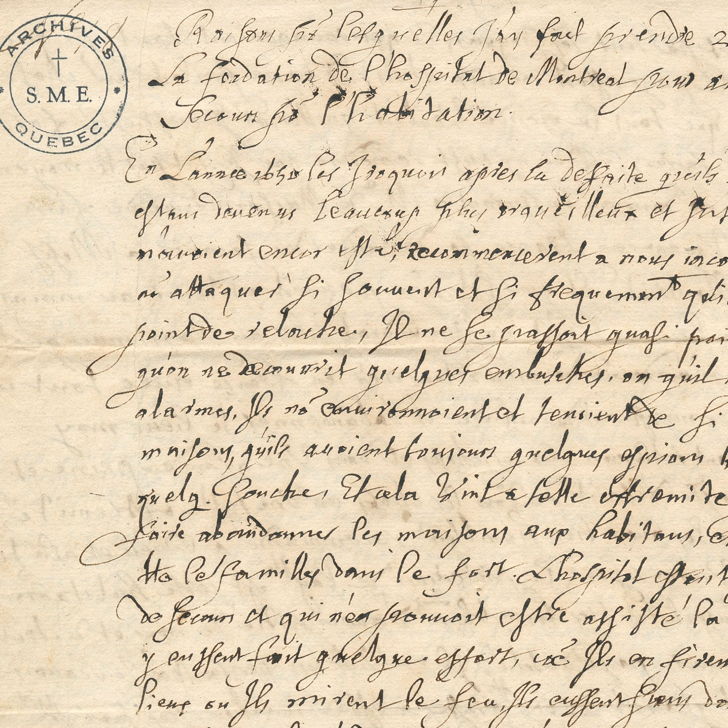 Extrait d'une lettre écrite par Jeanne Mance en 1665