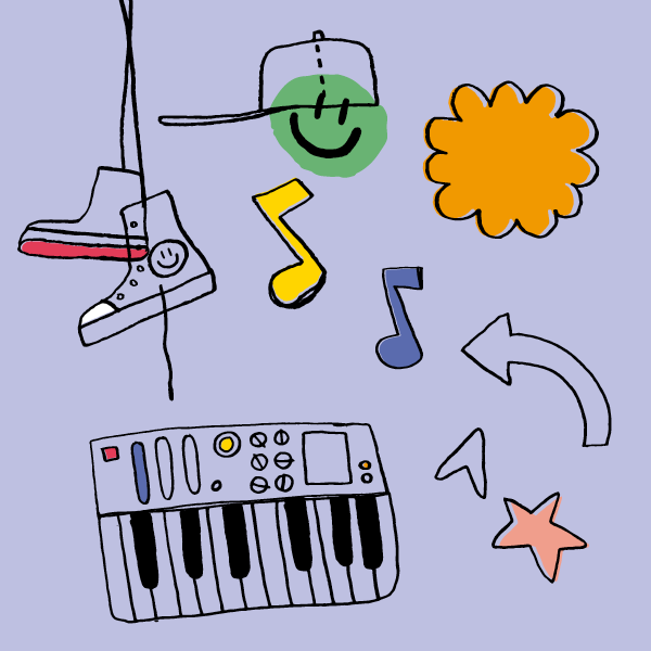 Illustration qui représente un synthétiseur, des espadrilles, une calotte, des notes de musique, un smiley, une étoile