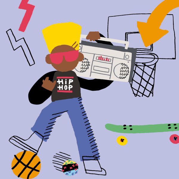 Illustration qui représente un rappeur qui porte sur son épaule un haut-parleur de style beatbox. Le rappeur pose le pied sur un ballon de basket ball. Il y a en arrière plan un panier de basket ball et un skate board.