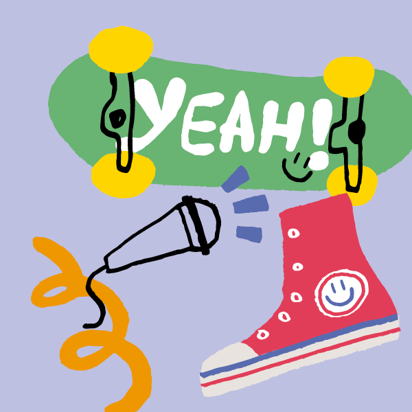 Illustration qui représente un micro, une espadrille en toile rouge, l'envers d'un skate board où est inscrit "Yeah!" avec un smiley.