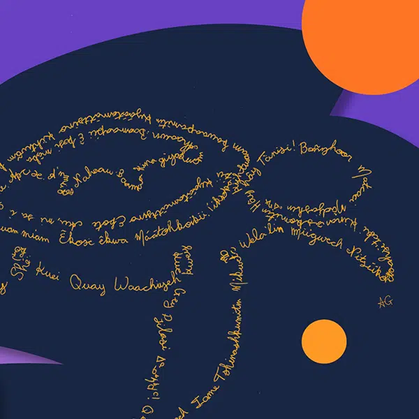 Image qui représente une tortue dessinée juste avec des contours. Les contours sont réalisés en écriture avec des mots de langues autochtones, en couleur jaune. Le fond de l'image est bleu foncé, le haut de l'image est découpé avec deux courbes. à l'arrière des courbes le fond est mauve. Un disque orange est partiellement visible sur le coin supérieur droit. Un petit disque jaune est situé sous la tête de la tortue.
