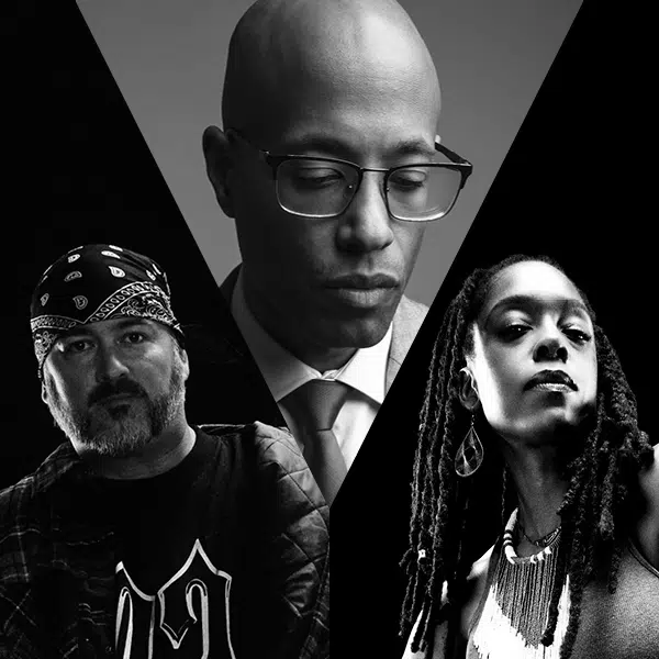 photo en noir et blan de trois artistes de la scène hip-hop dont webster et Jkill