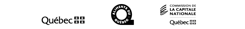 Logos des partenaires de l'exposition le Québec, autrement dit : Le Gouvernement du Québec, Aliments du Québec et La Commission de la capitale nationale