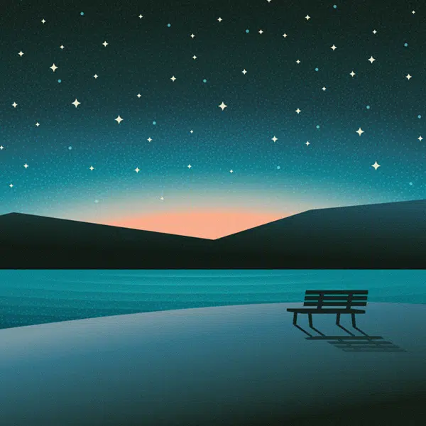 Dessin dans les teintes de bleu d'un banc posé devant un lac où l'on voit au loin une chaîne de montagnes sous un ciel étoilée au couché du soleil