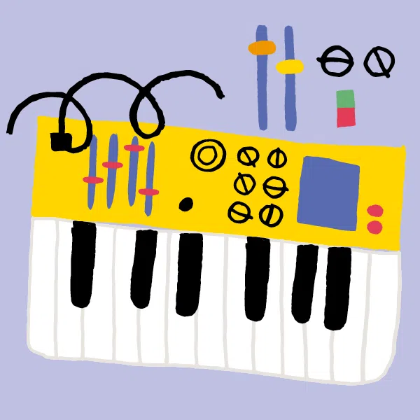 dessin d'un clavier électrique et d'une table console jaune, noir et blanc sur fond lilas