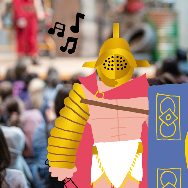 photo floue d'une foule en arrière plan et dessin d'un gladiateur avec un casque et une armure dorés aux bras vêtu d'une cape rouge et tenant un bouclier bleu