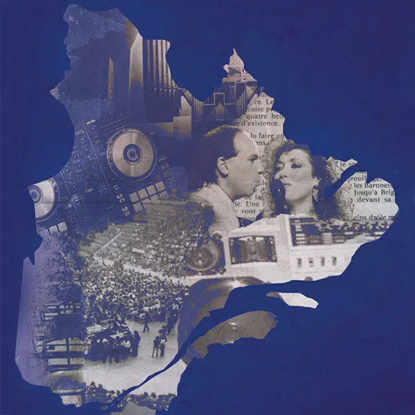 Illustration qui représente la silhouette de la carte du Québec sur un fond bleu outremer. À l'intérieur des limites de la province du Québec, un montage de photos en noir et blanc avec entre autres, un homme et une femme en train de chanter, une table à mixer avec lecteur CD, une photo aérienne d'une foule.