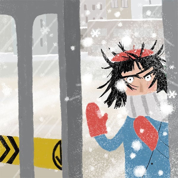 dessin d'une femme aux cheveux noirs portant un béret rouge, un manteau bleu, des mitaines rouges à l'entrée extérieure d'un métro à Montréal en hiver