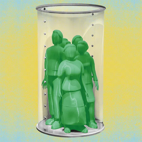 image d'un tube transparent dans lequel on retrouve des 5 figurines d'hommes et de femmes de couleur verte