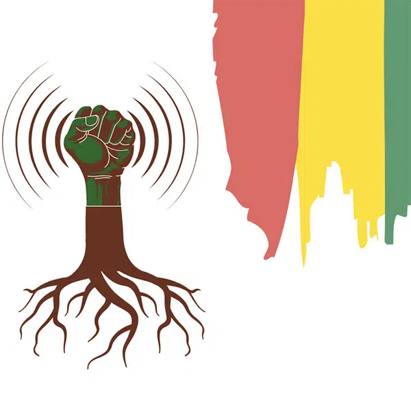 illustration des racines d'un arbre dont la cime est un poing fermé aux couleurs et sur la droite un drapeau aux couleurs de l'afrique