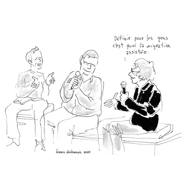 illustration en noir et blanc de Francis Desharnais de deux hommes et une femme assis côte à côte micro à la main entrain de discuter