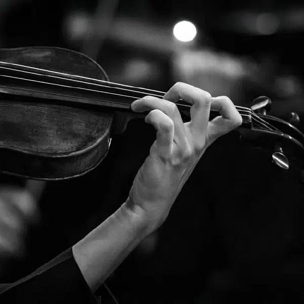 photo noir et blanc en gros plan sur la main d'un musicien qui joue du violon