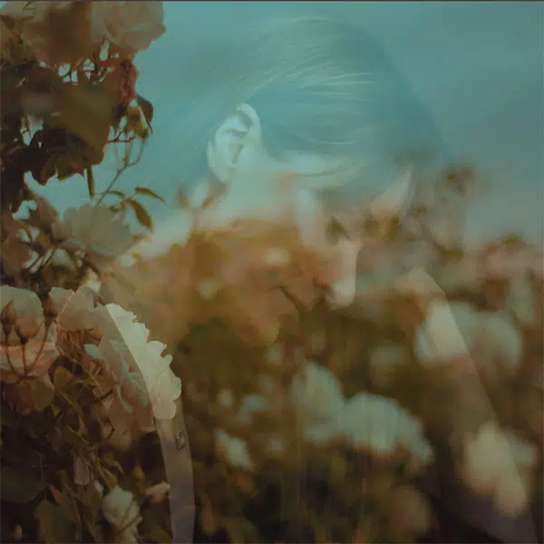 photographie floue d'un champ de fleurs où l'on voit en filigrame une femme de profil cheveux derrières les oreilles