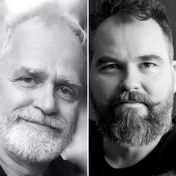 Montage photo noir et blanc qui associe deux portraits d'artistes: à gauche on reconnait Michel Gauthier et à droite est placé le portrait de Vano Hotton. Les deux portraits sont séparés par une mince ligne blanche.