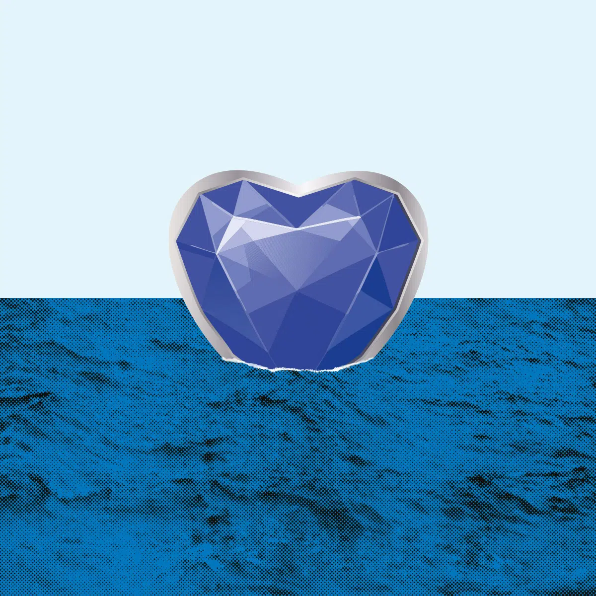 image d'un pendentif en forme de coeur de style diamant de couleur mauve qui flotte debout tel un navir sur la mer