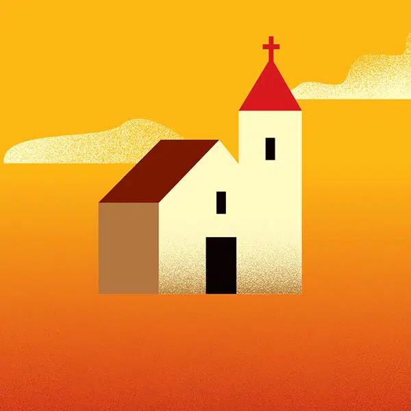 dessin minimaliste sur fond orangé d'une église beige au toit rouge