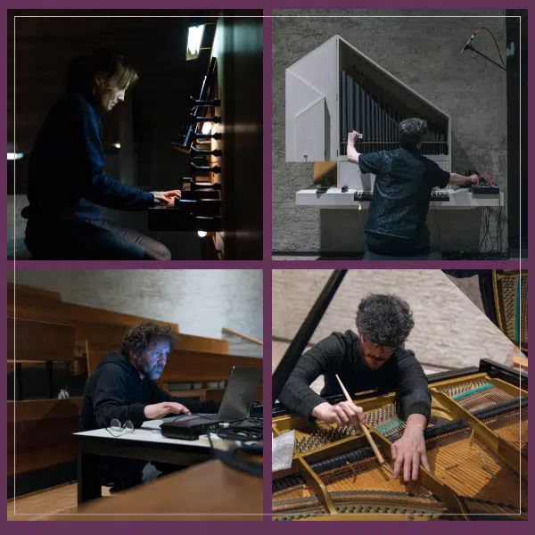 photo montage en quatre vignettes représentant chacune un membre du collectif de musiciens Sound Rebellion avec leur instrument respectif (orgue)