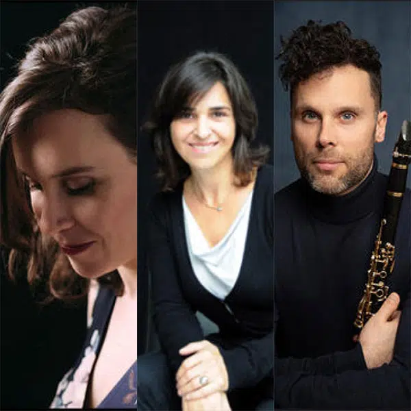 photo montage en couleurs de la mezzo-soprano Marie-Andrée Mathieu, la pianiste Nathalie Tremblay et le clarinettiste Stéphane Fontaine