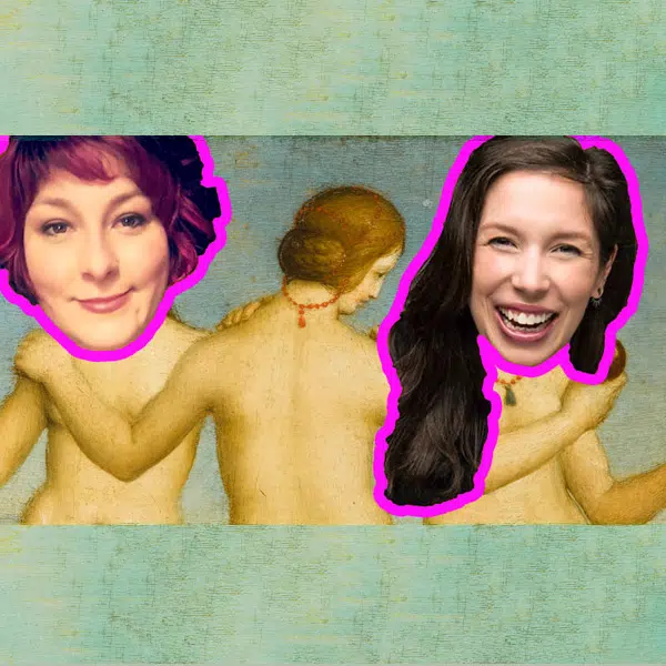 Collage des visage d'Evelyne Ferron, historienne et de Gabrielle Caron, humoristique sur les visages de deux femmes nues peintes sur une toile de l'époque de la Renaissance