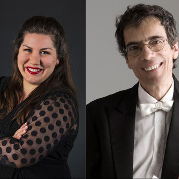 montage d'une photo en couleurs où l'on voit à gauche Evelyne Larochelle, soprano, et à droite Richard Paré, joueur de clavecin et orgue