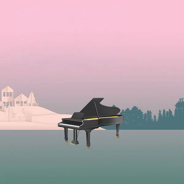 image d'un piano à queue noir sur un terrain où l'on voit en arrière-plan une forêt à droite et un village blanc avec quelques habitations à gauche