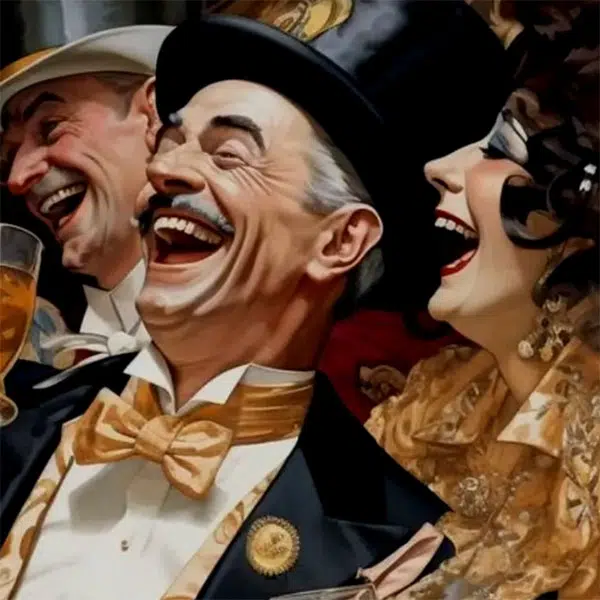 peinture colorée qui rappelle le début du 20e siècle, période des années folles où l'on voit deux hommes et une femme rire à gorge déployée