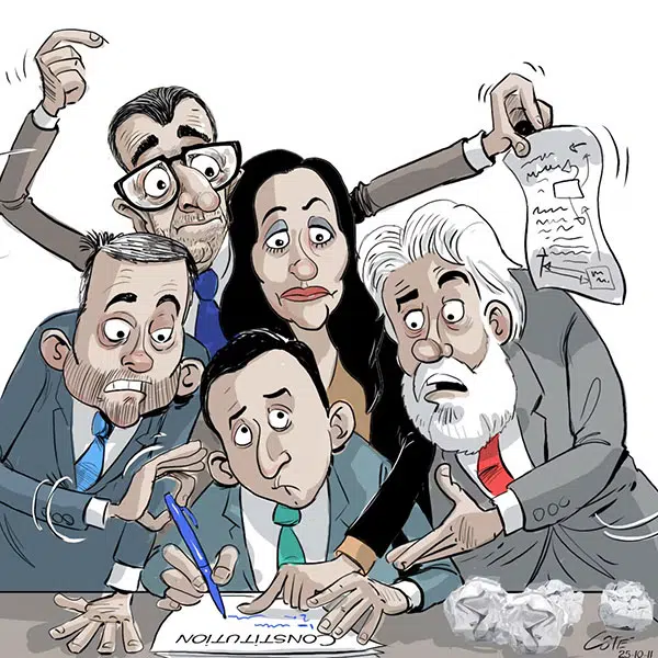 caricature montrant les cinq chefs de parti du Québec qui signent une nouvelle constitution du Québec