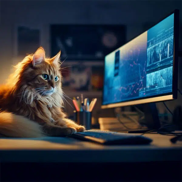 photo d'un chat roux sur un meuble de bureau assis devant un écran d'ordinateur allumé