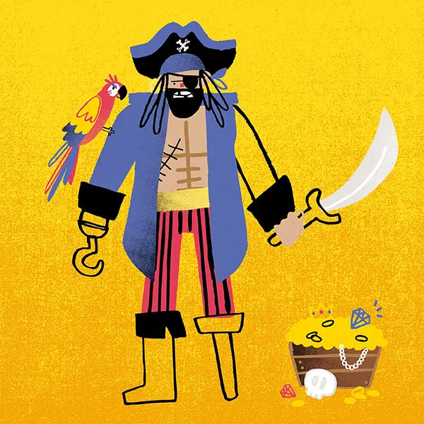 Dessin d'un pirate sur fond jaune avec un crochet en guise de main, une jambe de bois debout à côté d'un coffre aux trésors ouvert