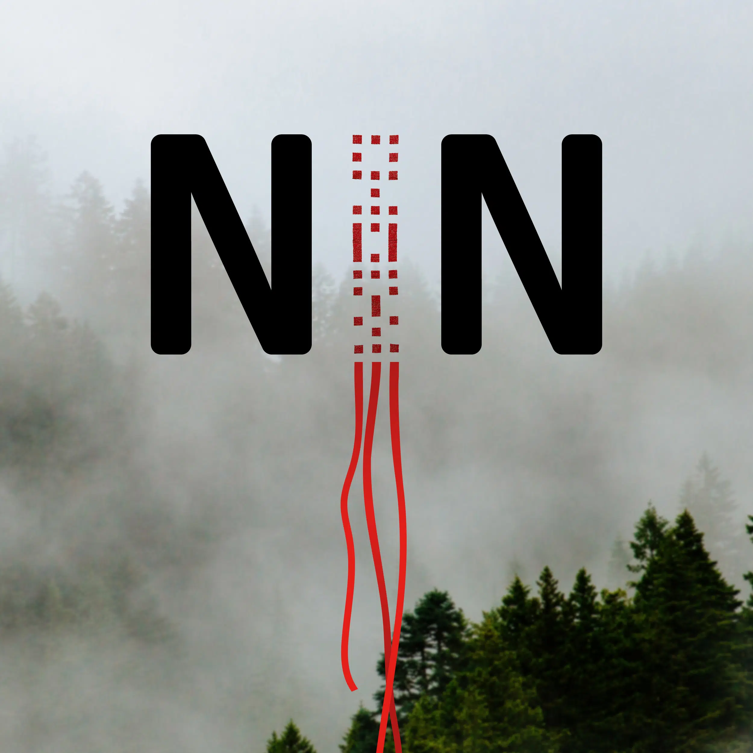 Le mot NIN est écrit sur un fond de foret brumeux. Les N sont noirs et le I est en perlage rouge