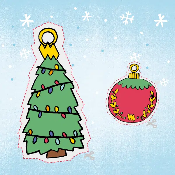 Illustration qui représente des images à découper d'un sapin garni etd' une boule de Noël. Le tout sur un fond bleu.