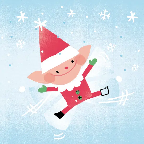 Illustration qui représente un lutin en habits rouges de Noël sur fond bleu