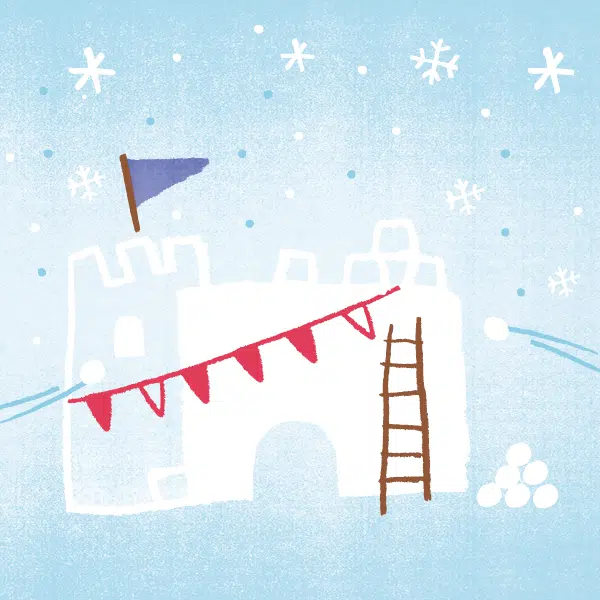 Illustration qui représente un chateau fort blanc hivernal sur fond bleu