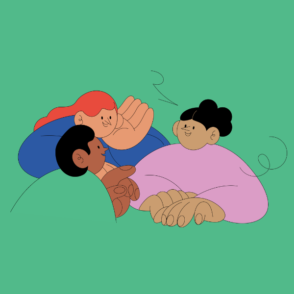 Illustration pour la série d'entretiens On jase de Radio-Canada. Elle représente trois personnages en train de discuter sur un fond vert.