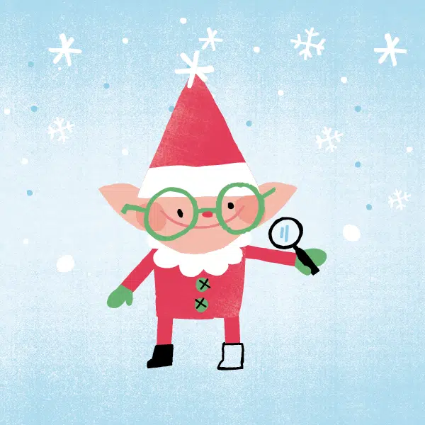 Illustration qui représente un lutin de Noël qui tient une loupe sur un fond bleu hivernal
