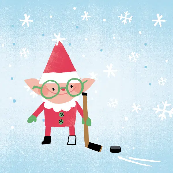 Illustration qui représente un lutin de Noël avec un bâton et une rondelle de hockey sur glace sur fond bleu hivernal.