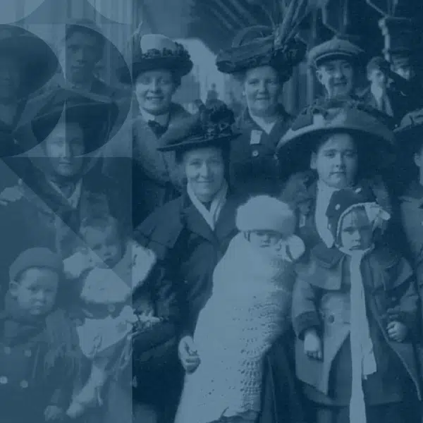 Iluustration réalisée à partir d'une photographie d'archive qui représente une famille d'immigrants du début du 20e siècle.